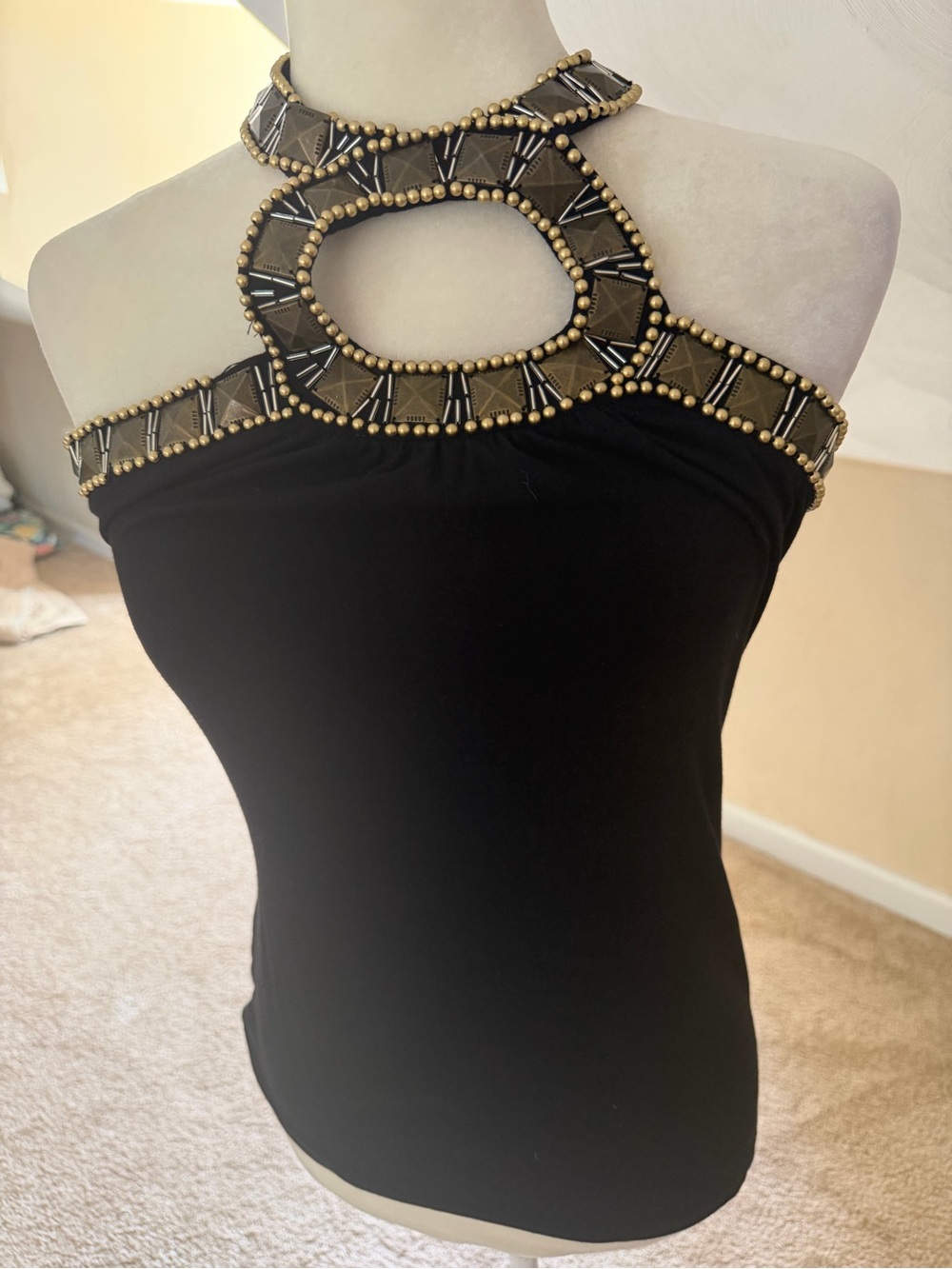 Cache Black Halter Camisole with Gold Beaded Embellishment
